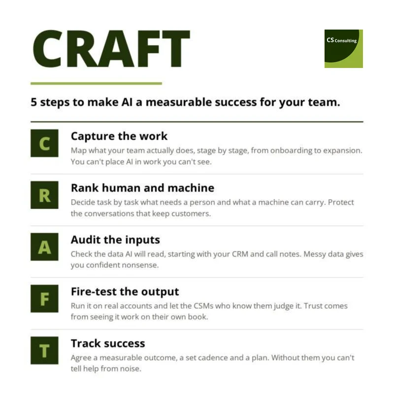 CRAFT, 5 steps to make AI a measurable success for your team: Capture the work, Rank human and machine, Audit the inputs, Fire-test the output, Track success.